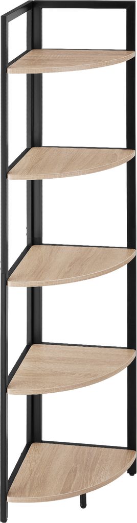A corner shelf unit with wooden shelves and a black metal frame.