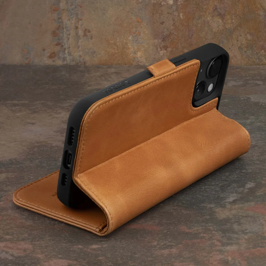 Custodia iPhone 15 TORRO in Pelle Marrone Chiaro - Stand e Portafoglio - 2