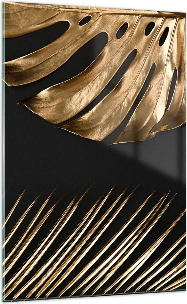 Bilder auf glas - Einteilig - Golden Blatt Monstera - 70x100cm - Glasbilder - Wandbilder - Bilder - zum Aufhängen bereit - Wanddekoration aus Glas...