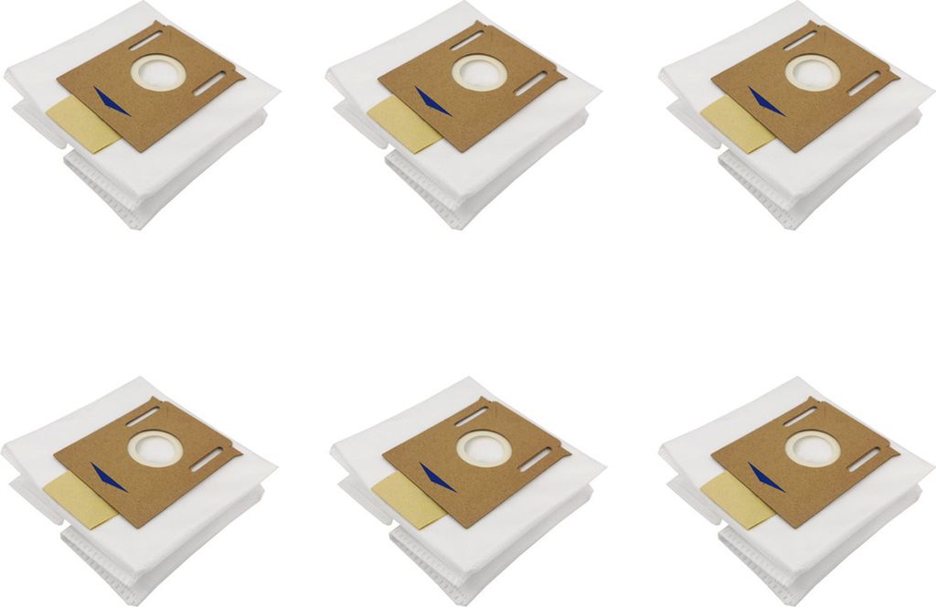 Six vacuum cleaner bags are neatly stacked and arranged in two rows of three against a white background.