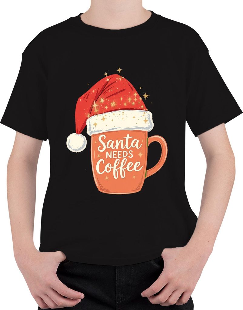 Santa Needs Coffee Weihnachtsmann Kaffee Weihnachten Geschenk Uni Kinder T-Shirt, Schwarz, 140