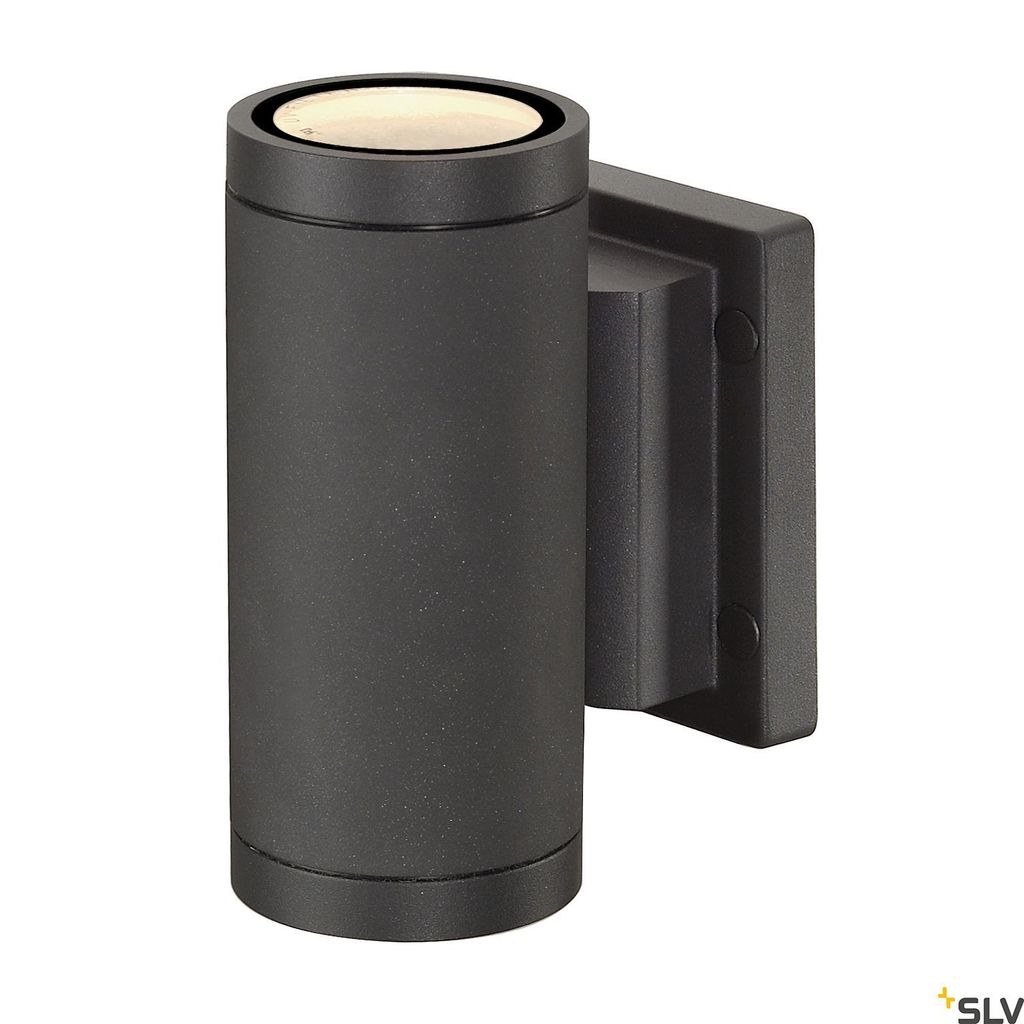 A dark gray, cylindrical outdoor wall light fixture is shown against a white background.