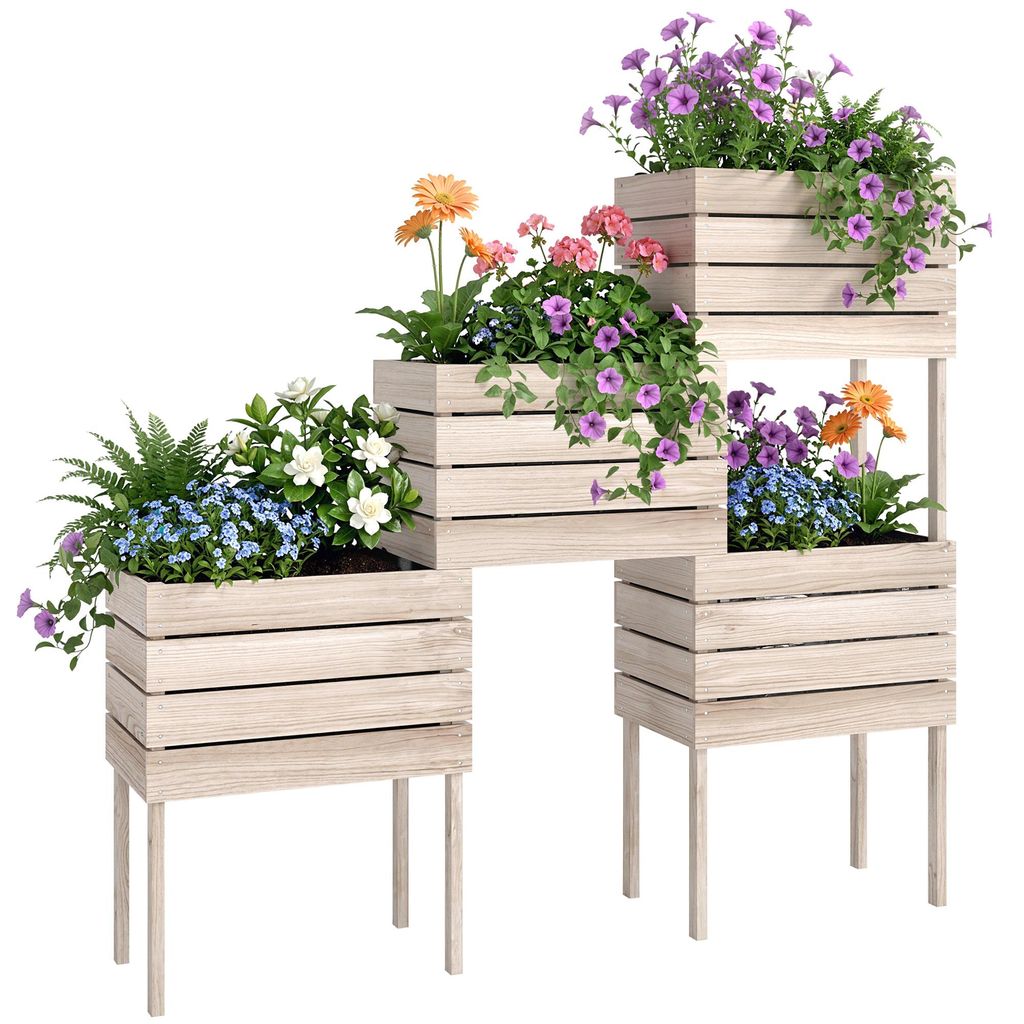 Outsunny 4 tlg. Hochbeet aus Holz 4 Kombinationsmodi Blumenkasten Garten Natur