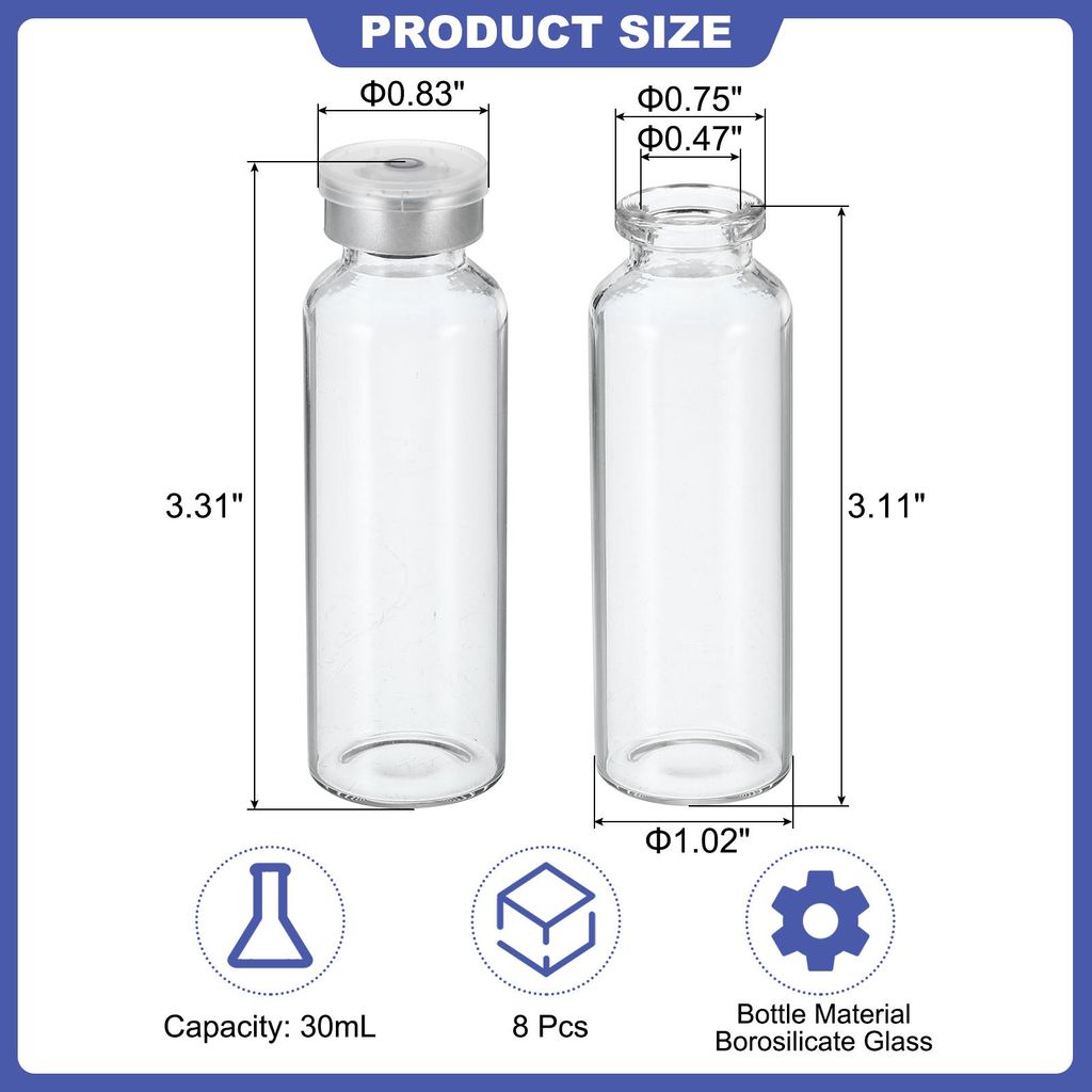 30ml Probengef??e 8 Pack Labor Leere Fl?schchen mit Butyl Gummi Stopfen und Quetschdeckel Kappen Borosilikat Glas Gef?? Durchsichtig
