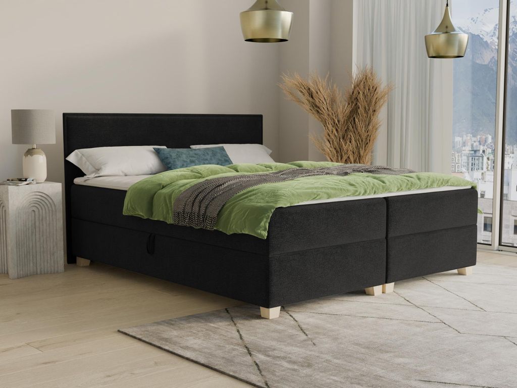 Boxspringbett Fren mit 2 Bettkästen - Doppelbett mit Bonell-Matratze und Topper, Polsterbett, Bett mit Holzfüße, Schlafzimmer (Schwarz (Kronos 0...
