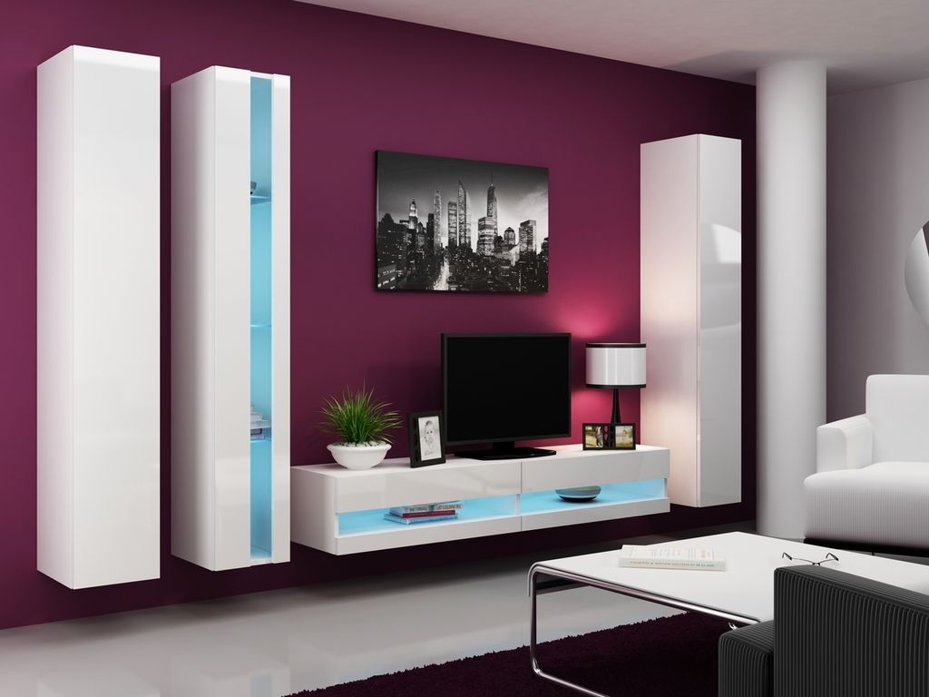 Wohnwand Medienwand Wohnzimmer - Set VIGO NEW 7A weiß / weiß Hochglanz 300x180x40cm 3 Hängeschränke / TV Lowboard 4tlg.