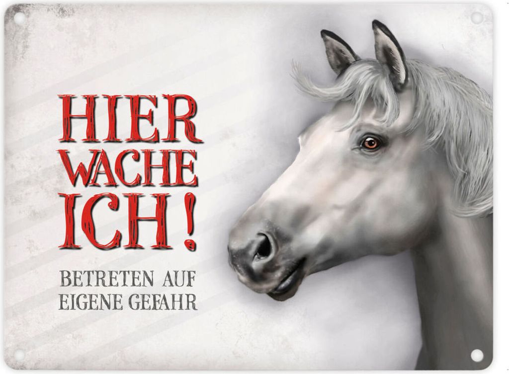 Metallschild mit weißes Pferd Motiv und Spruch: betreten auf eigene Gefahr ...