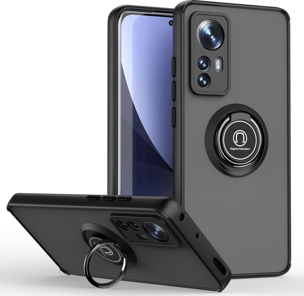 Xiaomi 12 Pro Hülle, Ring Halter Ständer Matte Transluzent TPU Rahmen Stoßfest Schutzhülle für Xiaomi 12 Pro Schwarz