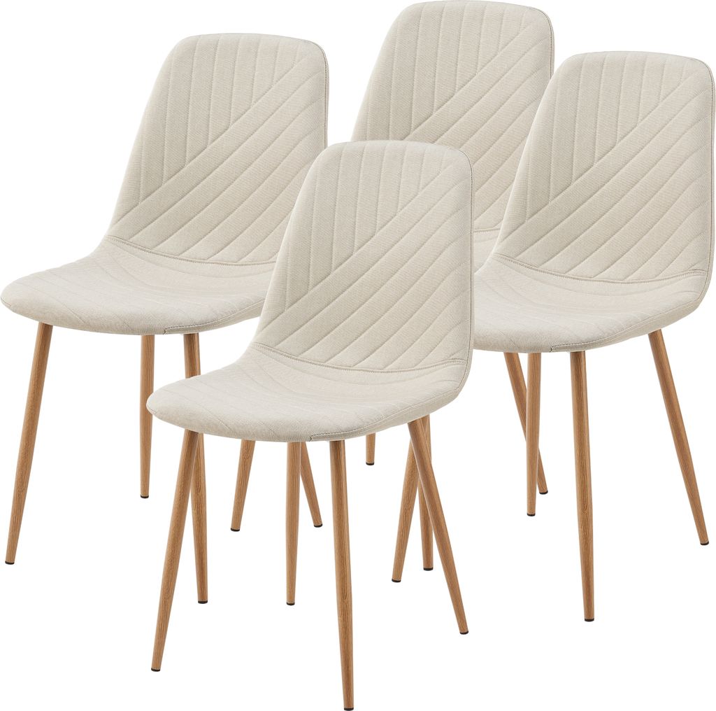 Four beige dining chairs with wooden legs are arranged in a group.
