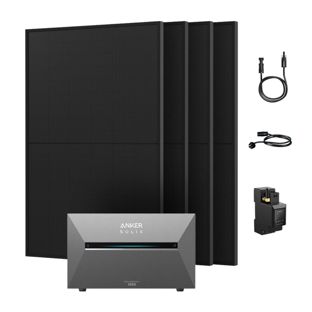 Powerness Balkonkraftwerk mit Speicher, Anker SOLIX Solarbank 3 E2700 Pro mit 4x 500W Bifazial Solarmodule und Anker Smart Meter, 8x MC4-Kabel 0%...