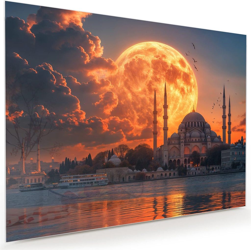 Glasbild 120x90cm in XXL für Wohnzimmer, Schlafzimmer Motiv Mond über Istanbul