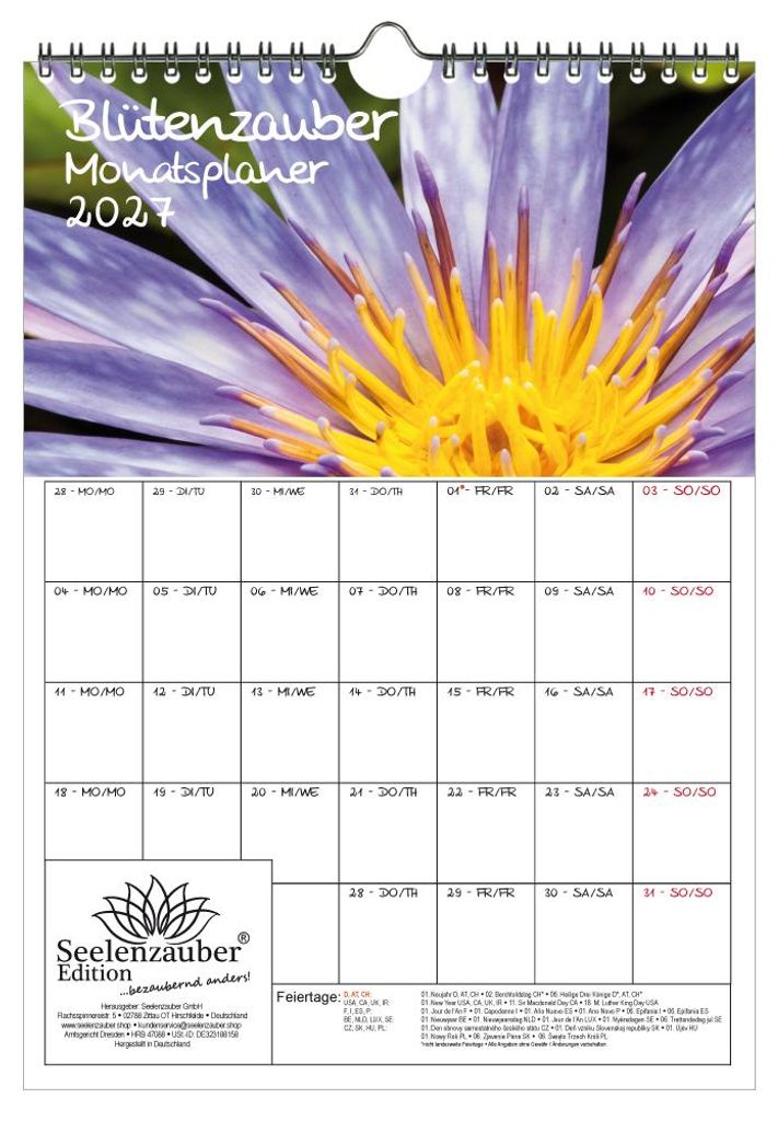 Blütenzauber Planer DIN A4 Kalender für 2027 Blumen und Blüten - Seelenzauber