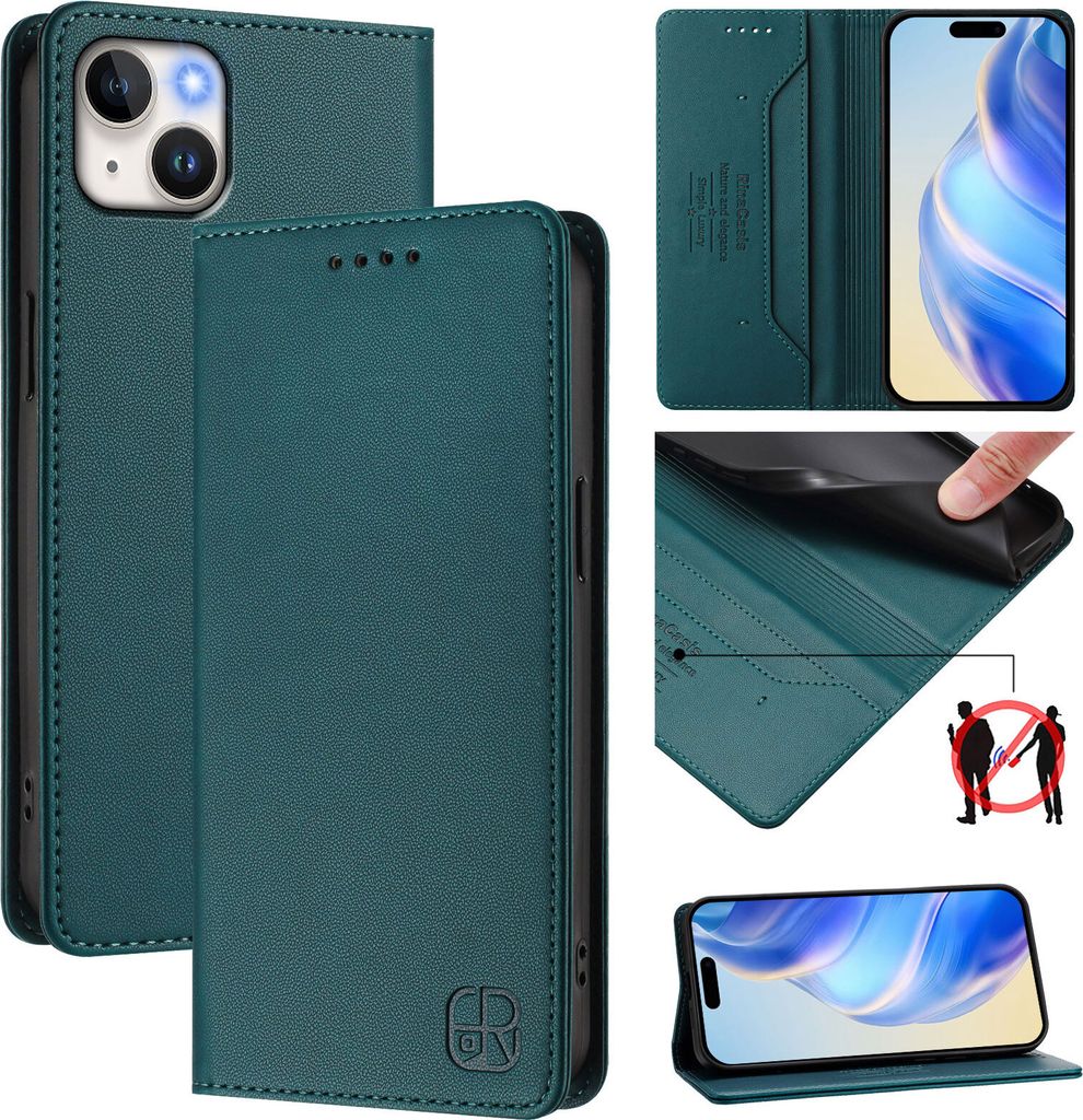 Lederhülle für iPhone 15 Plus Hülle Flip Brieftasche Kartenfächern Ständer Schutzhülle Dunkelgrün