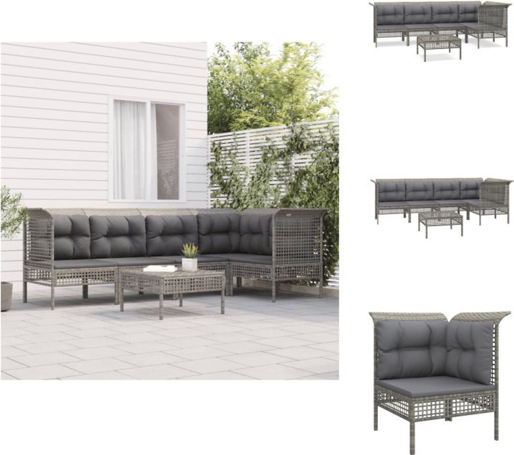 vidaXL 6-tlg. Garten-Lounge-Set mit Kissen Grau Poly Rattan - Gartenmöbel-Sets