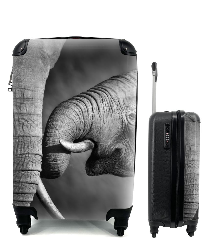 MuchoWow Koffer Handgepäck Trolley Rollkoffer Kleine Reisekoffer mit 4 Rollen - Wildtiere - Elefant - Schwarz - Weiß - Porträt - Cabin Size < ...