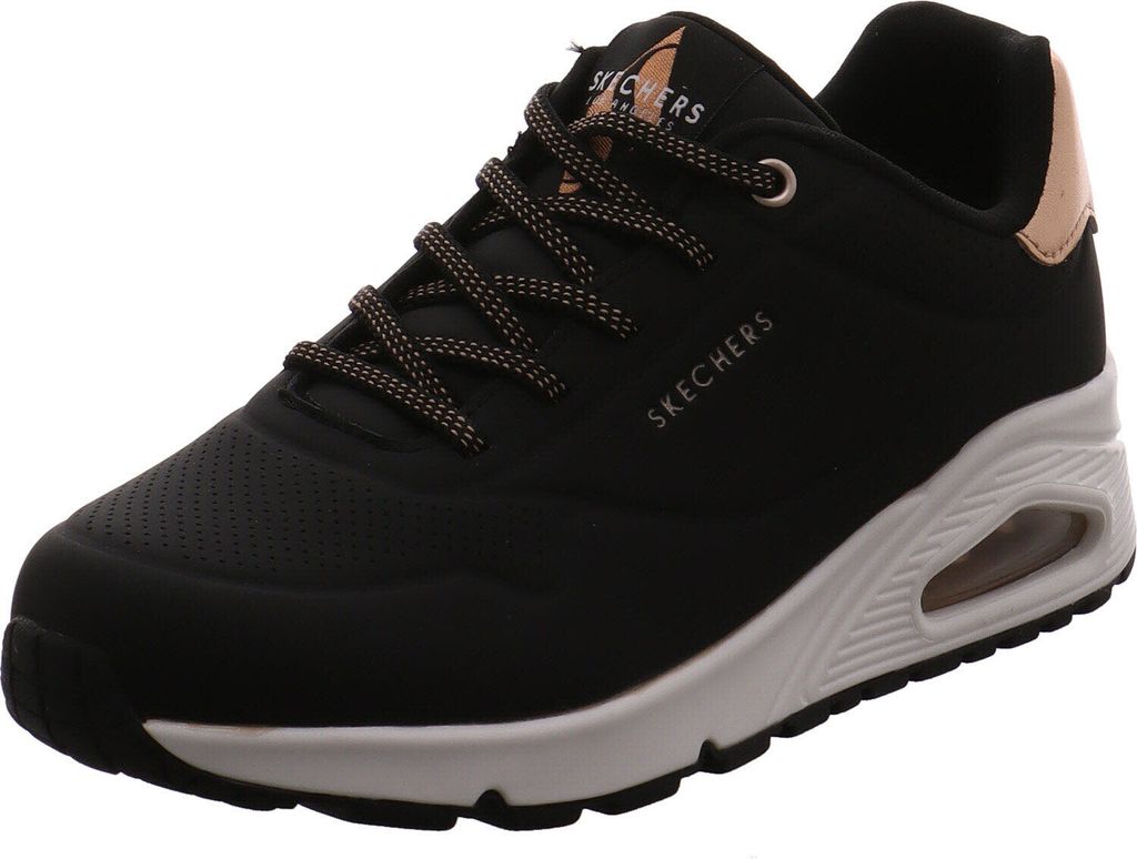 A single black Skechers women's sneaker is shown from a side angle against a white background.