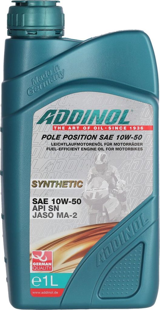 ADDINOL 4T Pole Position 10W-50, Motorenöl, vollsynthetisch, übertrifft Spezifikation JASO MA-2, 1 Liter Dose