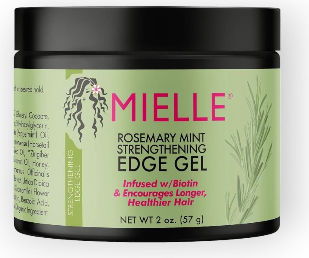 A product shot of a jar of Mielle Rosemary Mint Strengthening Edge Gel.
