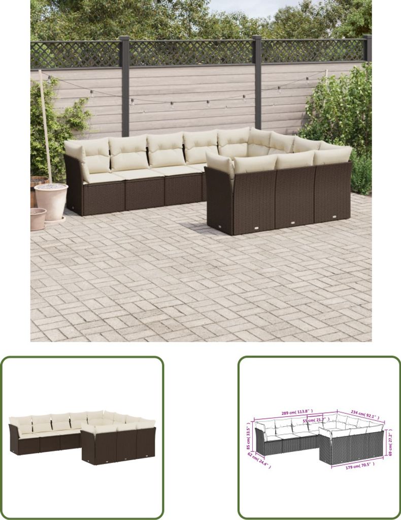The Living Store 10-tlg. Garten-Sofagarnitur mit Kissen Braun Poly Rattan