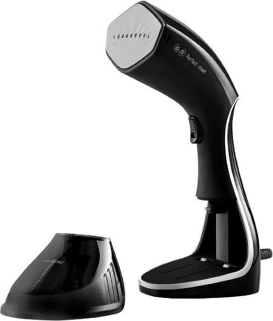 A black garment steamer and its base are displayed against a white background.