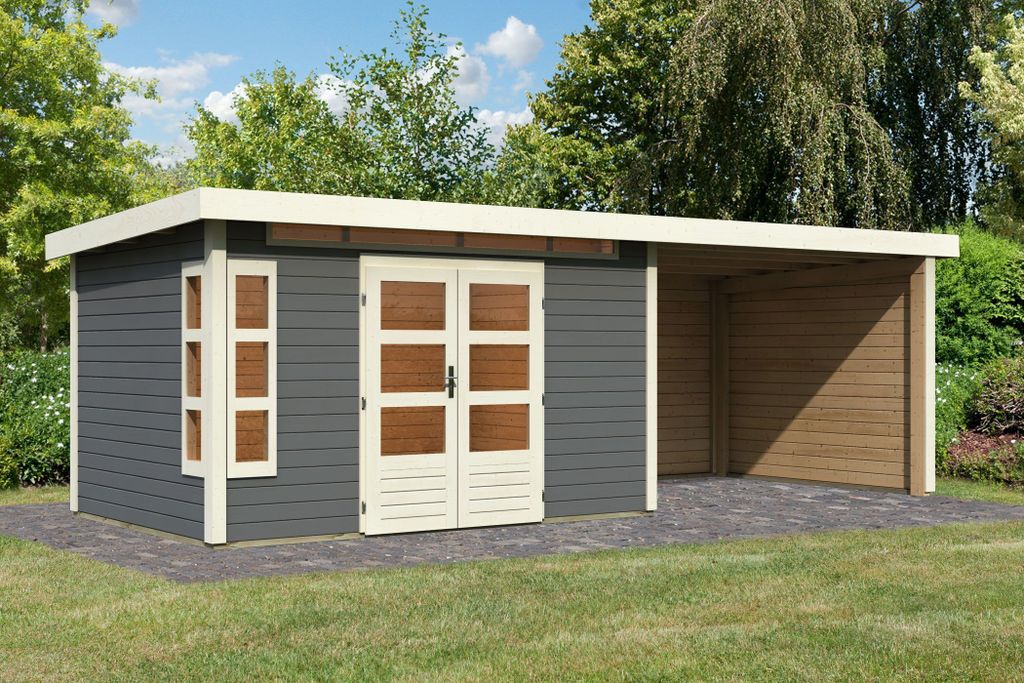 Karibu Gartenhaus Gerätehaus Kastorf 7 im Set mit Anbaudach 3,2 m Breite und 28 mm Seiten- und Rückwand terragrau 655x244x222 cm