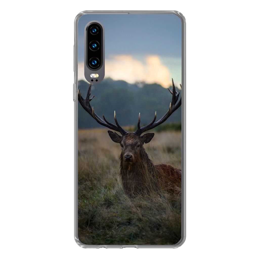 MuchoWow Handyhülle Schutzhülle Hülle für Huawei P30 Hirsch - Wiese - Geweih Silikon Softcase Handy Hülle - Kartenbesitzer