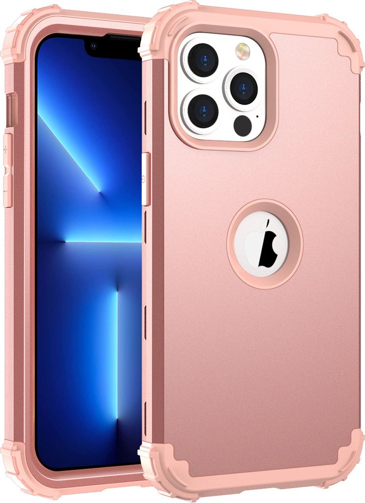 A rose gold iPhone 13 Pro Max case is shown with the phone inside.