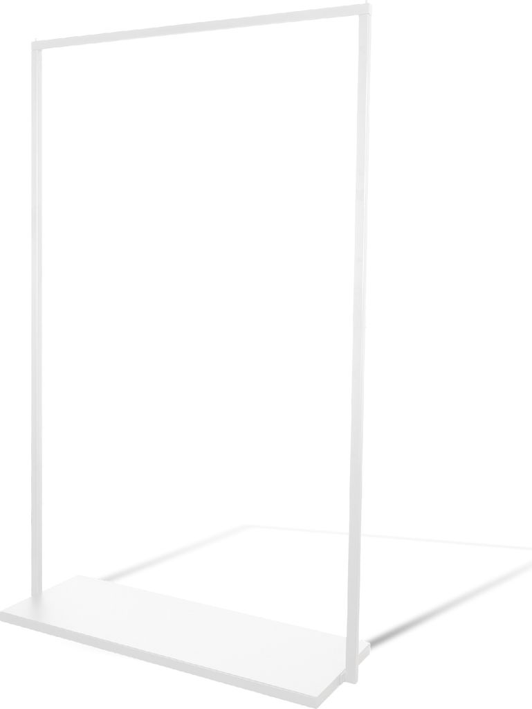 A white metal clothing rack with a shelf.