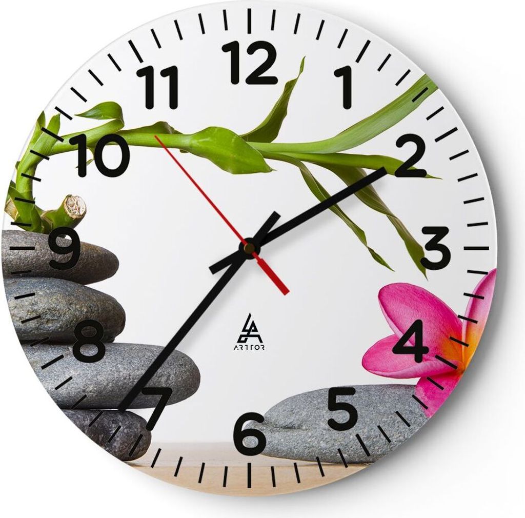 Wanduhr - Rund - Glasuhr - Ruhig blume dekoration stein - 30x30cm - Schleichendes Uhrwerk - Lautlos - zum Aufhängen bereit - Dekoration Modern - W...