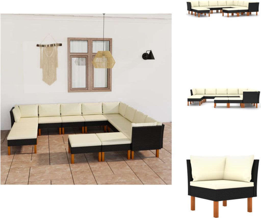 vidaXL 12-tlg. Garten-Lounge-Set mit Kissen Poly Rattan Schwarz - Gartenmöbel-Sets