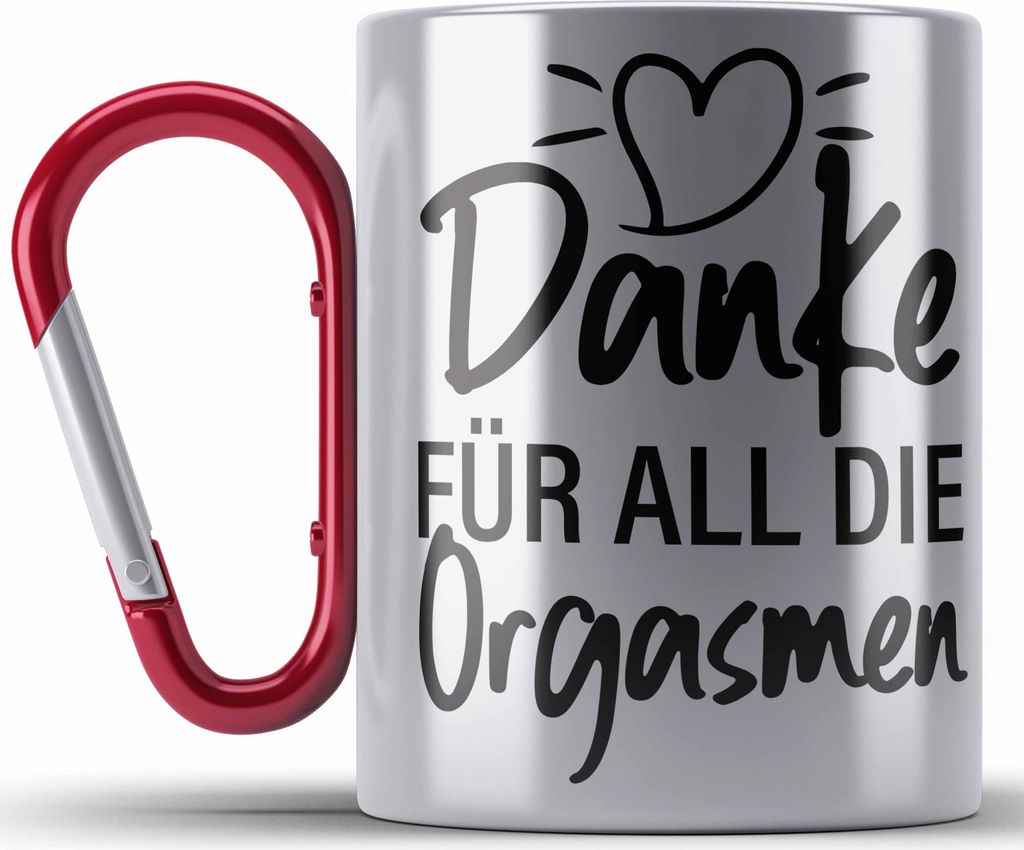Trendation - Danke für All Die Orgasmen Edelstahl Tasse Karabiner Geschenk Valentinstag Freundin Männer Spruch Lustig (Rot)