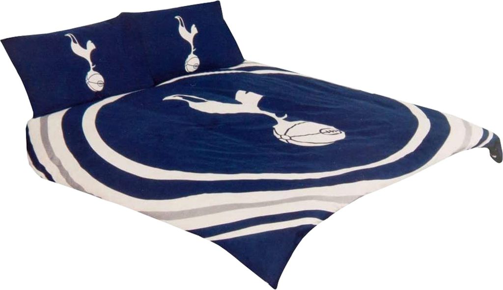 A Tottenham Hotspur FC branded duvet set with two pillowcases, displayed on a bed.