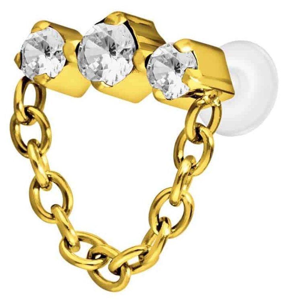 Ohrpiercing, Nasenpiercing PTFE Labret mit Innengewinde + Titan-Aufsatz 3 EINGEFASSTE KRISTALLE + KETTE Gold Stablänge: 10mm | Stabstärke: 1,6mm