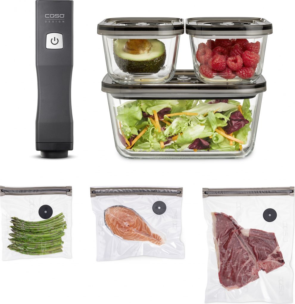 A collage of a vacuum sealer and various food items stored in vacuum-sealed containers and bags.