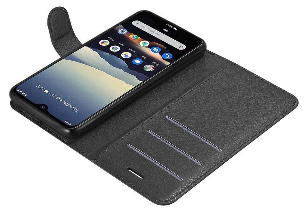 A black leather flip case with a Nokia smartphone inside, shown from a diagonal angle.