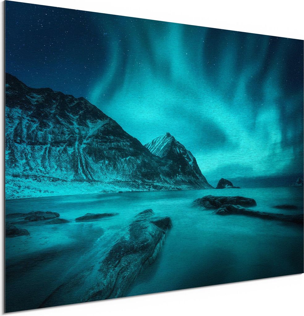 DEQORI Alu-Dibond Bild Silber 60x40 cm 'Polarlichter in Norwegen' Wandbild Metall dünn