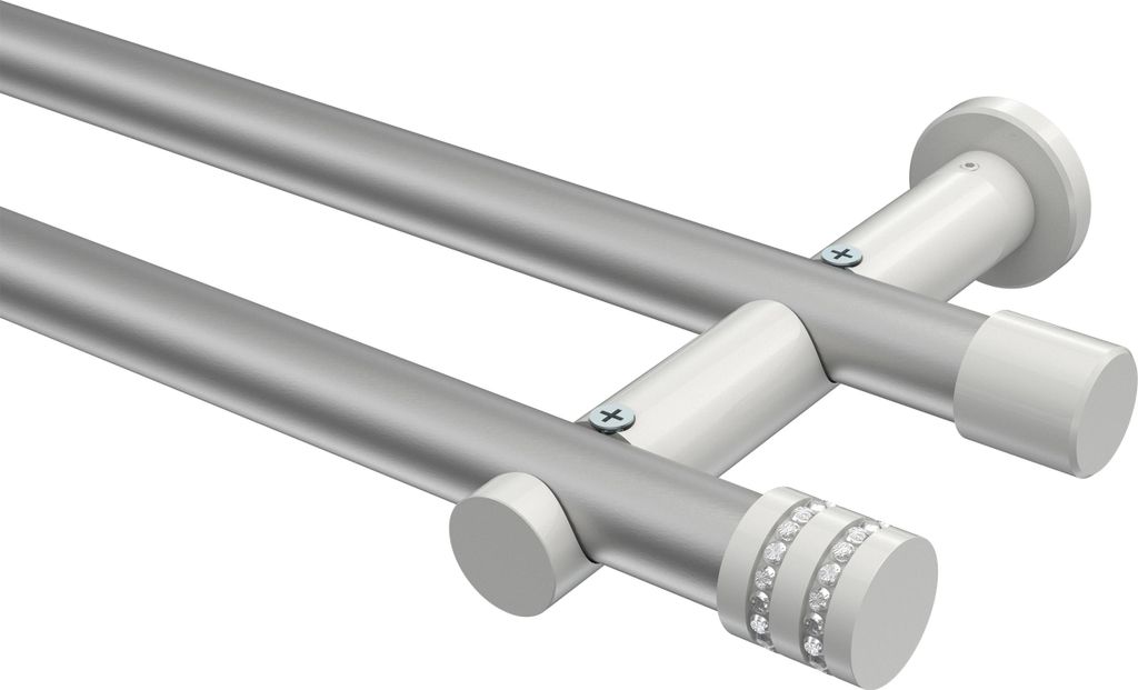 Interdeco Gardinenstange / Vorhangstange Silbergrau / Weiß, Typ Platon Estana (Glitzerkappe) ohne Ringe, 20 mm Ø 2-läufig, 100 cm