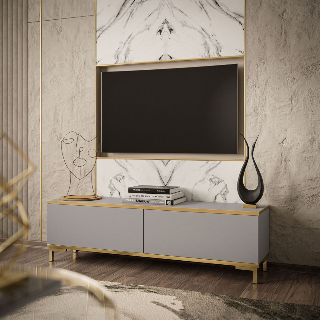 RTV Schrank OXFORD 135 cm Grau / grau matt + gold, Biene: Gold