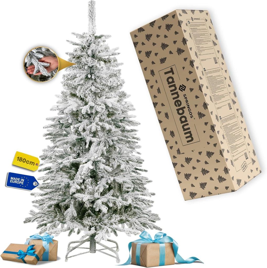Springos Premium Weihnachtsbaum 180 cm, schneebedeckte Tanne wie echt — 285 Spitzen, stabiler Metallständer, Christbaum mit Schneeoptik