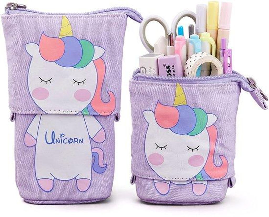 Canvas-Tasche für Schule und Uni, intrebbare Hülle für Smartphone, praktische Schreibtasche für Mädchen, Jungen, Kinder und Erwachsene, lila