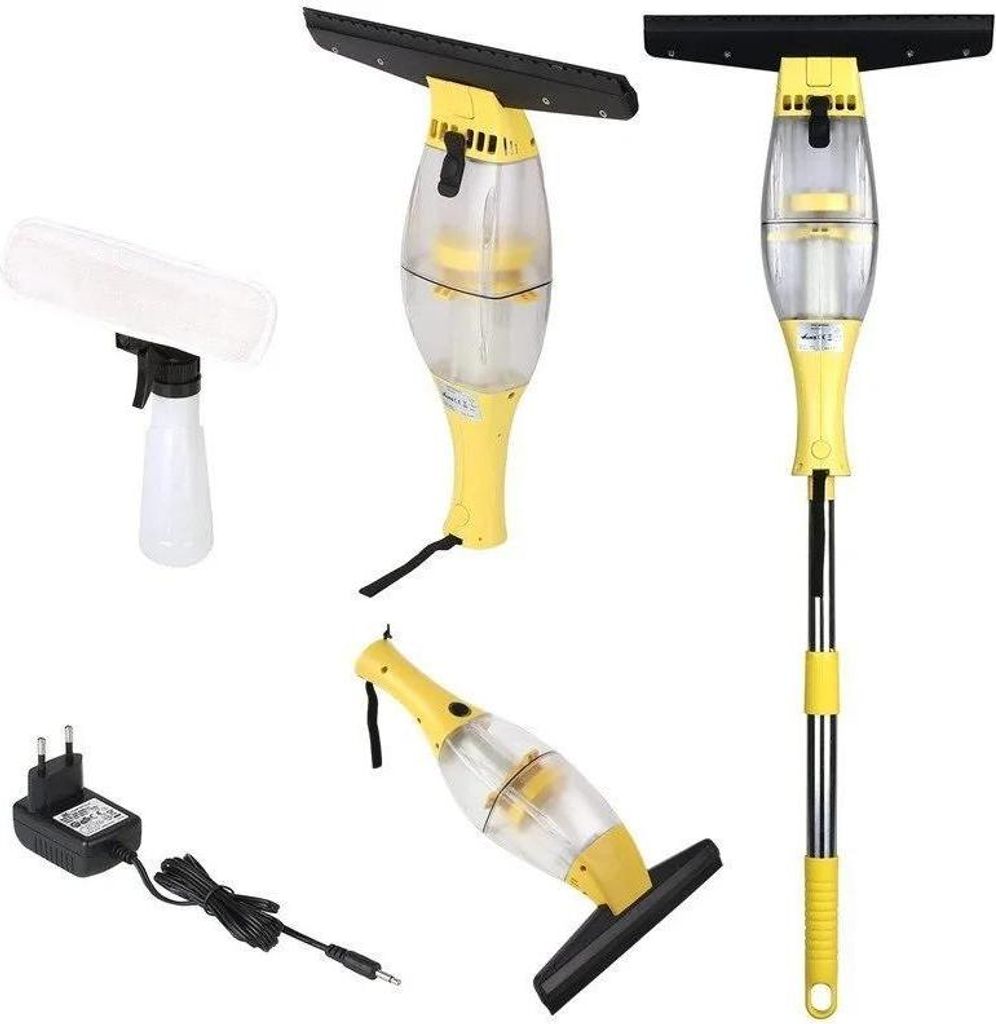 Fenstersauger Set - Elektrischer Fensterreiniger - Teleskopstiel & Sprühflasche - 280 mm Abziehlippe - Für Fenster, Spiegel, Fliesen, Glas - Gelb