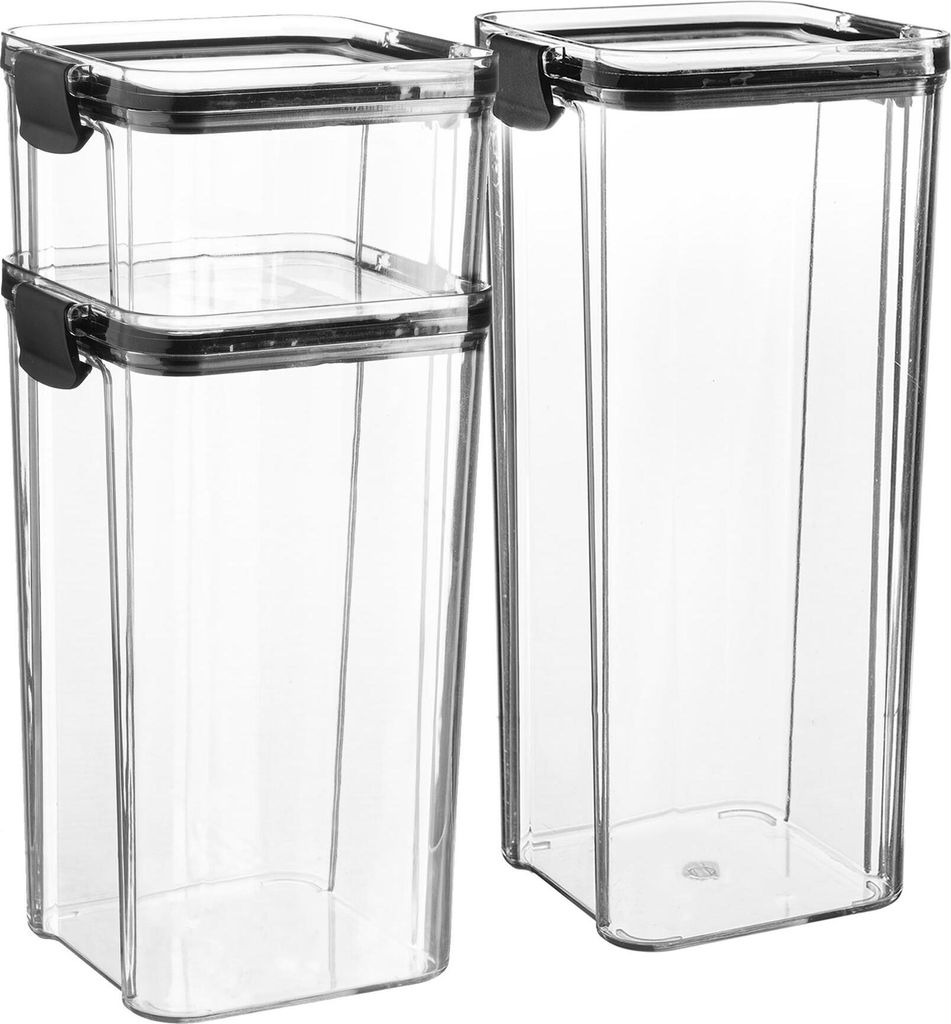 Argon Ta 3-teiliges Lebensmittel-Speichercontainer Set - PlastikkÃ1/4che Pantry Organizer Gläser - Clip Deckel - 3 Größen - Schwarz
