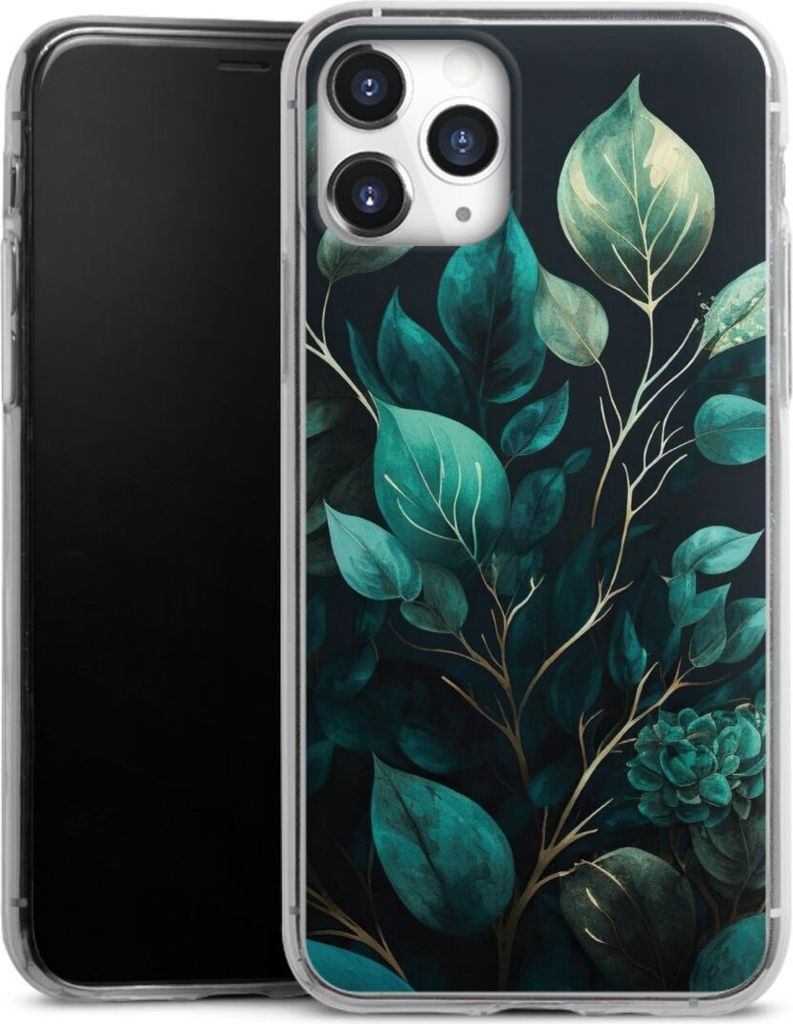 DeinDesign Slim Hülle für Apple iPhone 11 Pro Silikon Case Ultra Dünn Handyhülle Blätter schwarz Eukalyptus