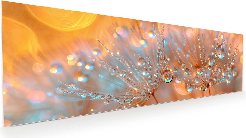 Glasbild 120x40cm in XXL für Wohnzimmer, Schlafzimmer Motiv Pusteblumen Tropfen