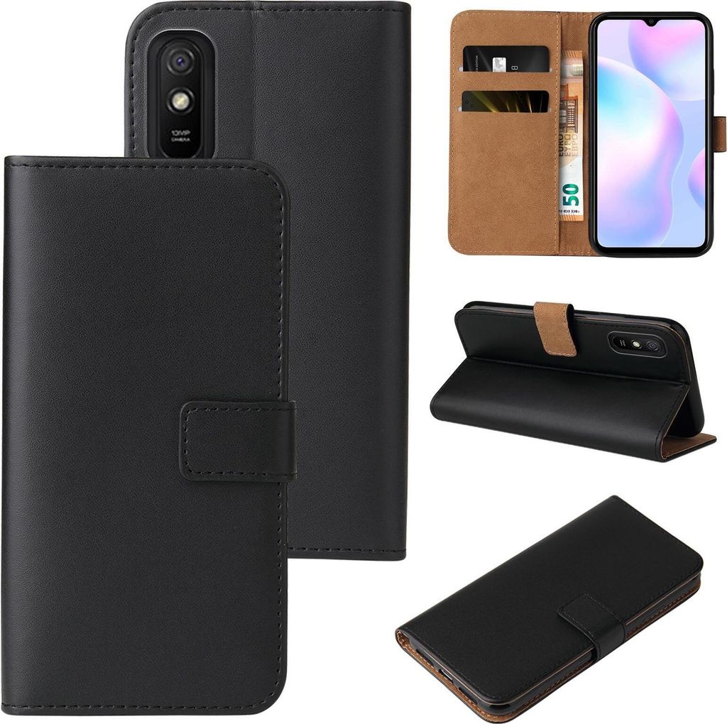 A collage of images showing a black flip phone case for a Xiaomi Redmi 9A.