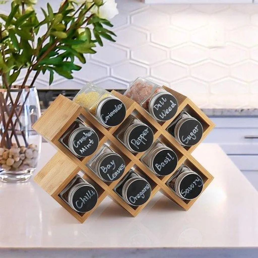 Organisateur de cuisine bois brun 10 pots : herbes et épices à portée