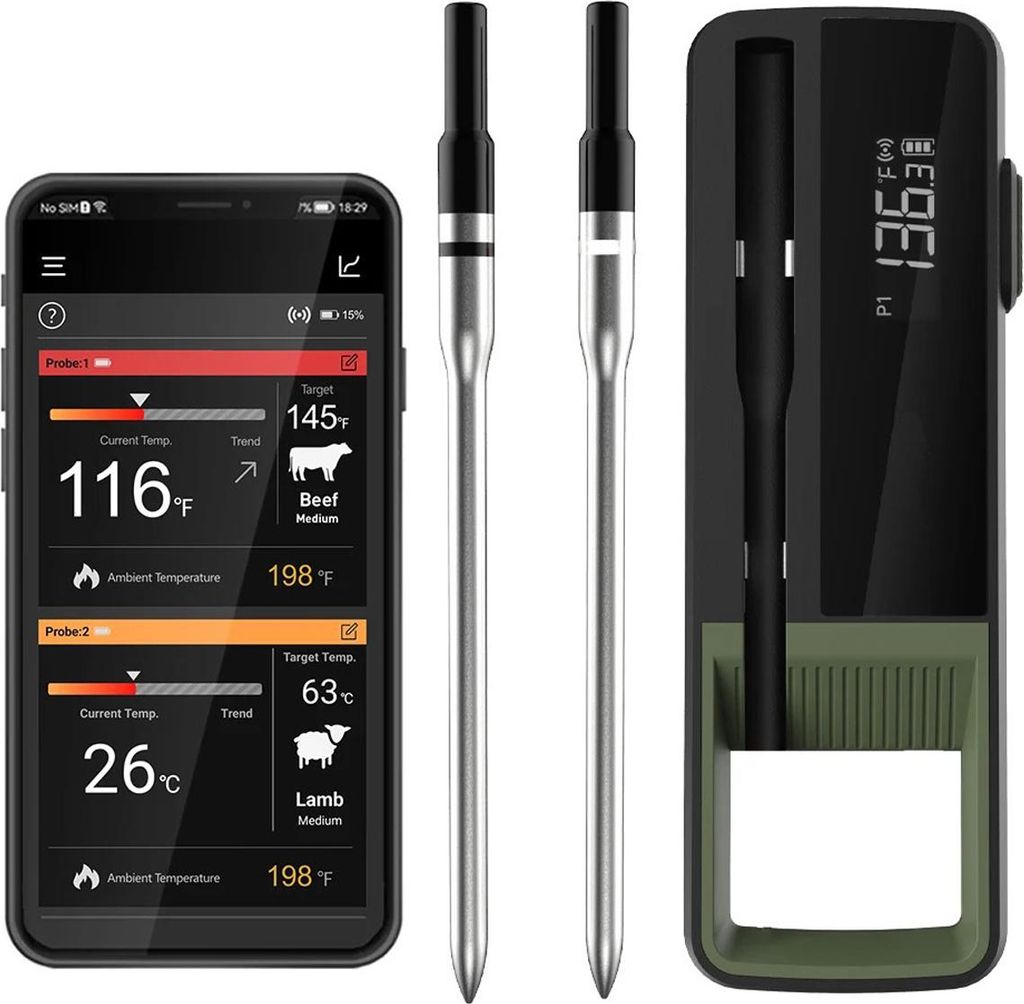 Bluetooth Fleischthermometer kabellos, WP-04SUS304, IP67 wasserdicht, FSTN Display, 100 °C Präzision, wiederaufladbar, Grill & Ofen Probe