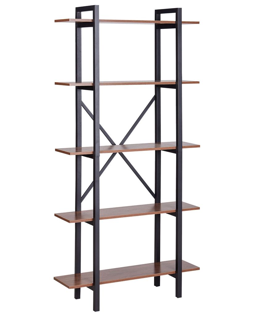 BELIANI Regal Schwarz und Dunkelbraun MDF-Platten mit Metallgestell 180 x 90 x 30 cm Industrieller Stil 5 Fächer Viel Stauraum Holzoptik Wohnzimmer