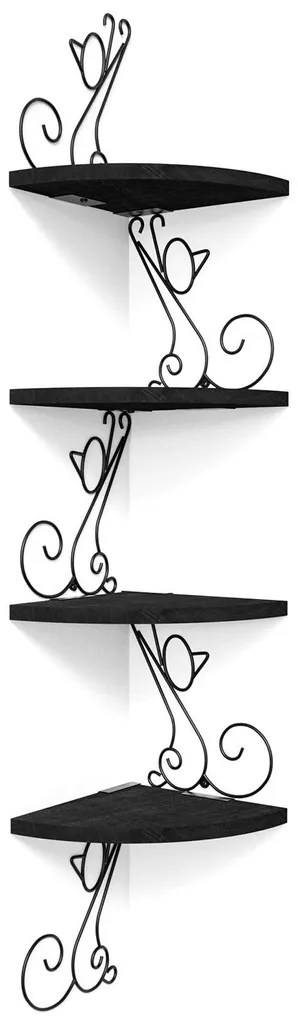 Étagère d'angle murale en bois massif noir forme chat avec 4 tablettes