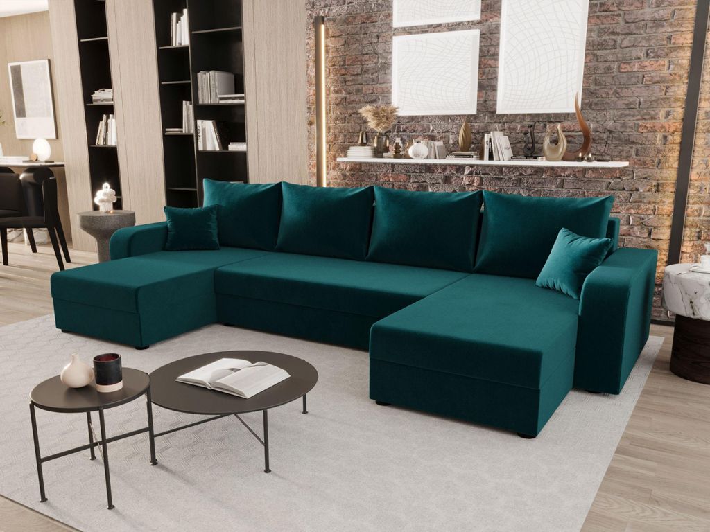BEDANTE WOHNLANDSCHAFT HEWLET U BIS Itaka 39 Türkis mit Schlaffunktion U-Form Sofa mit Stauraum Bettkasten Wohnzimmersofa Couch Sofa Bettsofa Bett...
